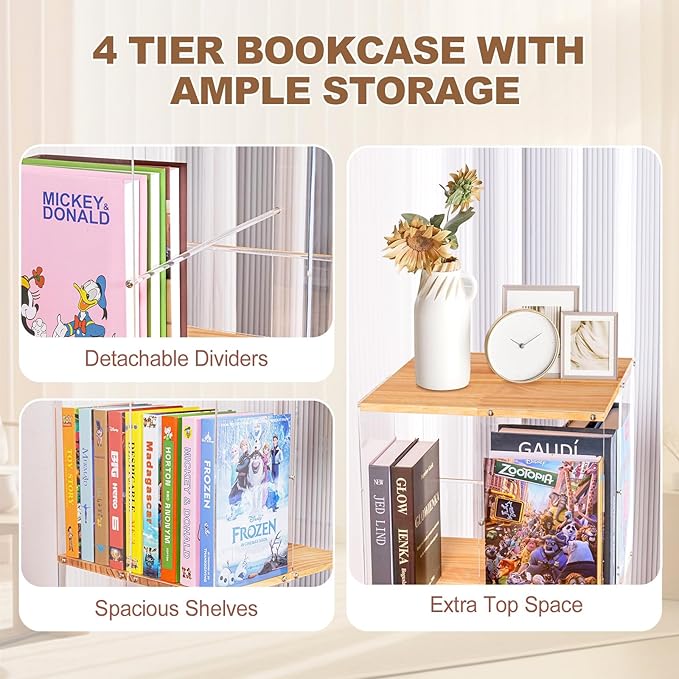 Rotating Bookshelf, 360 Degree Revolving Bookcase, 4-Tier Spinning Bookshelf, Clear Acrylic & Solid Wood Rotating Bookcase for Kid’s Playroom, Bedroom and Living Room, Square