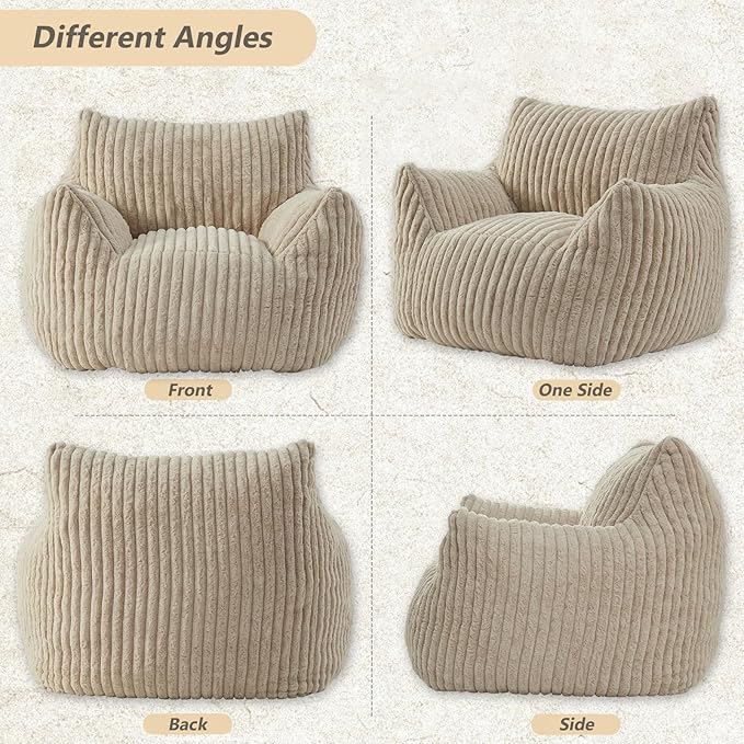 Giant Bean Bag Chairs for Adults Teens, Large Bean Bag Sofa Chairs with Filling Comfy Fuzzy BeanBag Chair with Armrests for Bedroom Living Room Reading