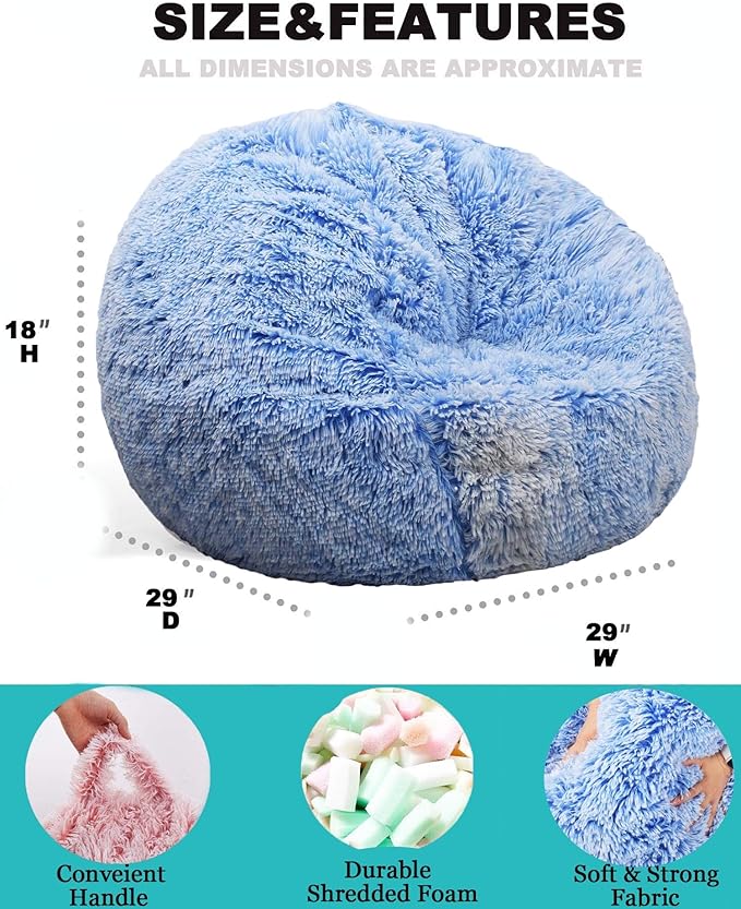 Fluffy Bean Bag Chair for Kids, 2.5FT Round Memory Foam Filled Bean Bag for Teens & Kids, Ultra Soft Faux Fur Fabric Bean Bag Chairs for Playroom, Living Room, Bedroom, Blue