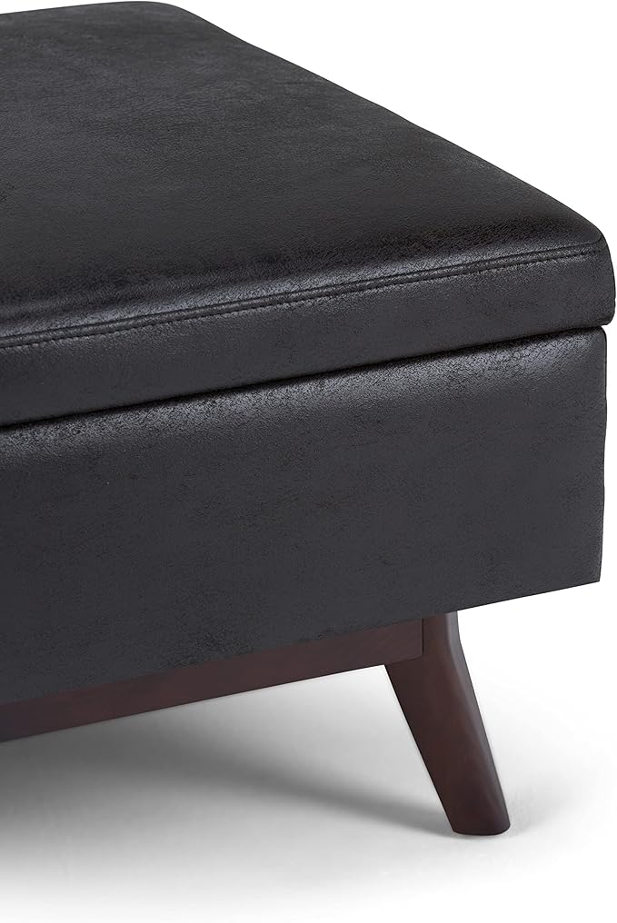 SIMPLIHOME Owen 34 inch Wide Mid Century Modern Rectangle Coffee Table Storage Ottoman in Distressed Black Vegan Faux Leather, Assembled, for the Living Room, Entryway and Family Room
