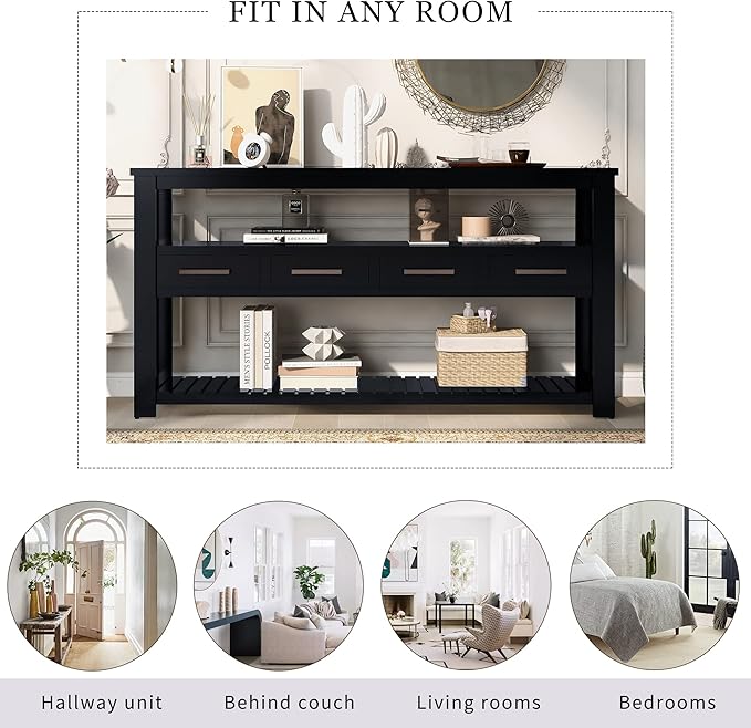 Ball & Cast 62.2“ Contemporary 4 Drawers Console Table, Long Entryway Table with Drawer & 3 Tier Shelves, Modern Storage Sofa Table, Farmhouse Wood Couch Table for Entrance Hallway Living,Black