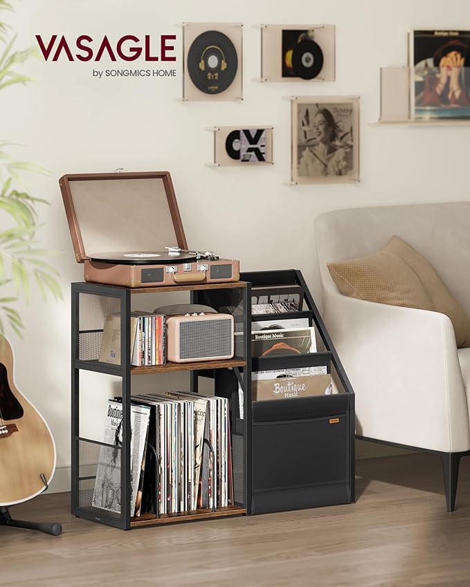 VASAGLE Record Player Stand, 3-Tier Side Table, Vinyl Record Storage up to 140 Albums, End Table for Living Room, Bedroom, Rustic Brown ULET276K01