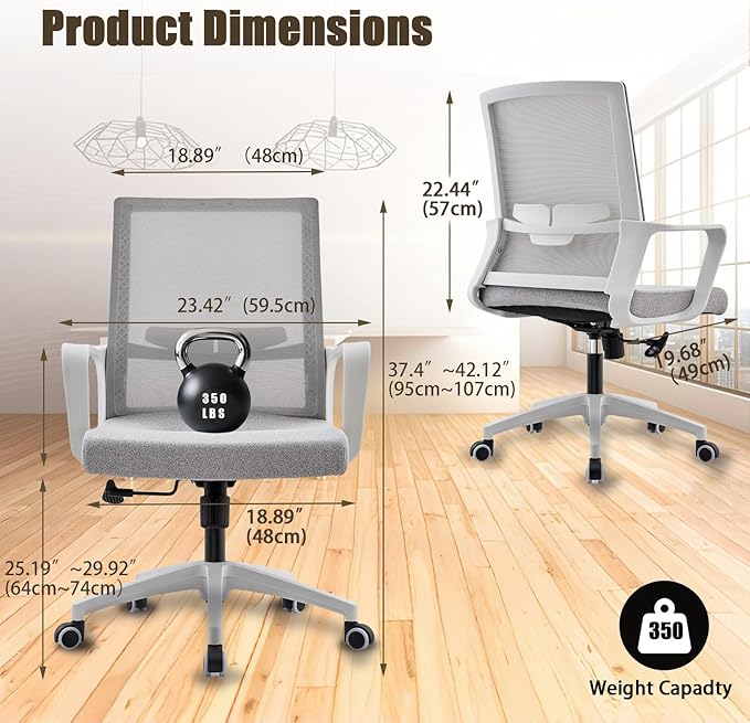 Office Chair ergonomically Designed with Breathable mesh backrest and Lumbar Support Adjustable Height Suitable for Offices Homes bedrooms Study Rooms Grey