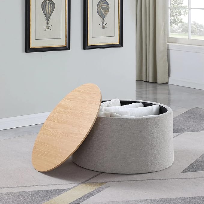 HomePop Storage Ottoman with Wood Grain Top - Light Gray Textured Woven