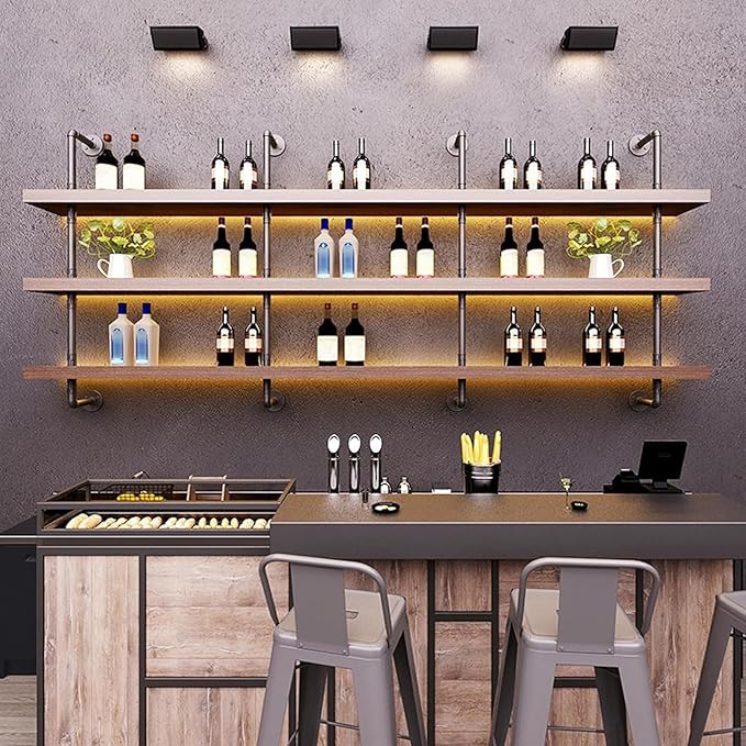 Large Wine Rack with LED Light Solid Wood Wall Mounted Wine Rack, 3-Tiers Liquor Bottles Floating Shelves Display Storage Organizer for Home Bar & Dining Room (80cm/31.4in)