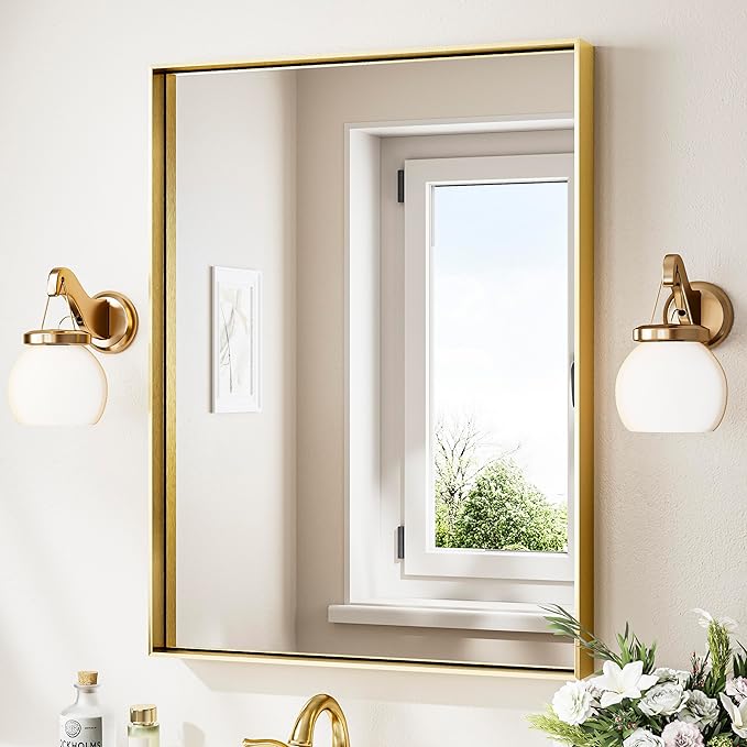 Keonjinn 24 x 32 In Brushed Gold Bathroom Mirror for Over Sink Shiny Gold Rectangle Wall Mirror Metal Framed Rectangular Farmhouse Mirror Modern Square Corner Framed Vanity Mirror(Horizontal/Vertical)