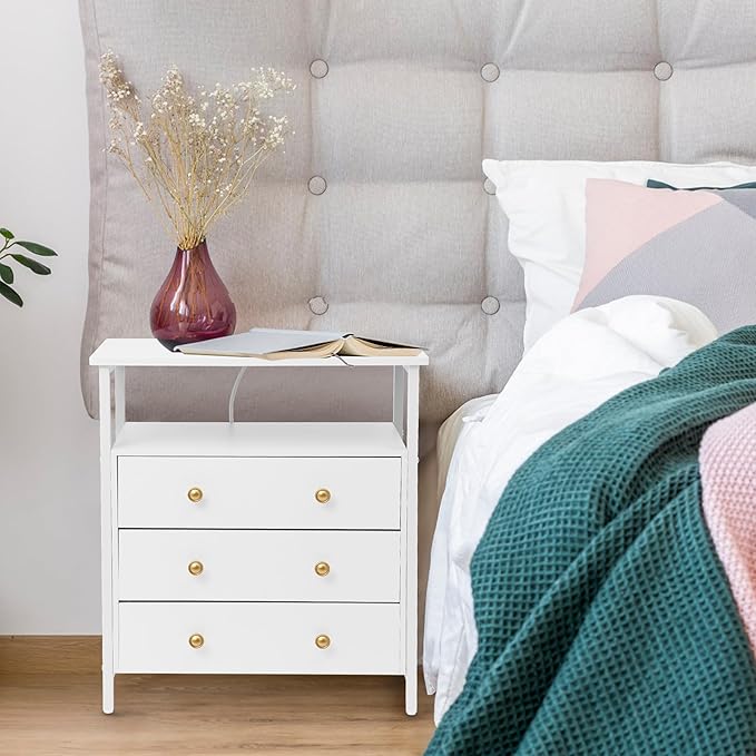 3 Wooden Drawers Night Stand, 27 Inch Wide Nightstand with Charging Station and Adjustable Drawers, Bedside Table for Living Room/Bedroom/Office, White.