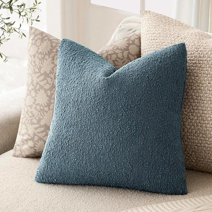 Foindtower Pack of 2 Textured Boucle Throw Pillow Covers Accent Solid Pillow Cases Cozy Soft Decorative Couch Cushion Case for Chair Sofa Bedroom Living Room Home Decor 18x18 Inch Misty Blue