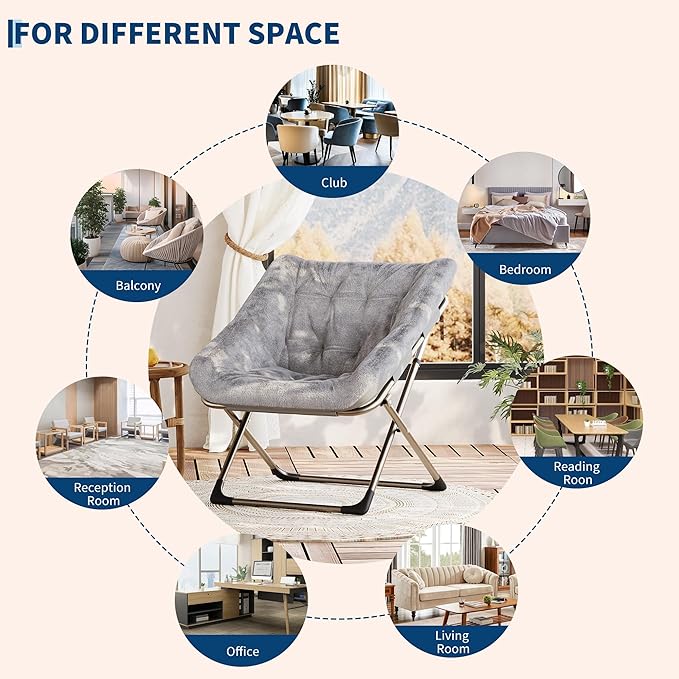 Comfy Chair for Adults, Foldable Living Room Chairs, Soft Faux Fur Folding Lounge for Bedroom Living Room Dorm Rooms, Flexible Reading Chair for Teens (1, Gray, X-Large)