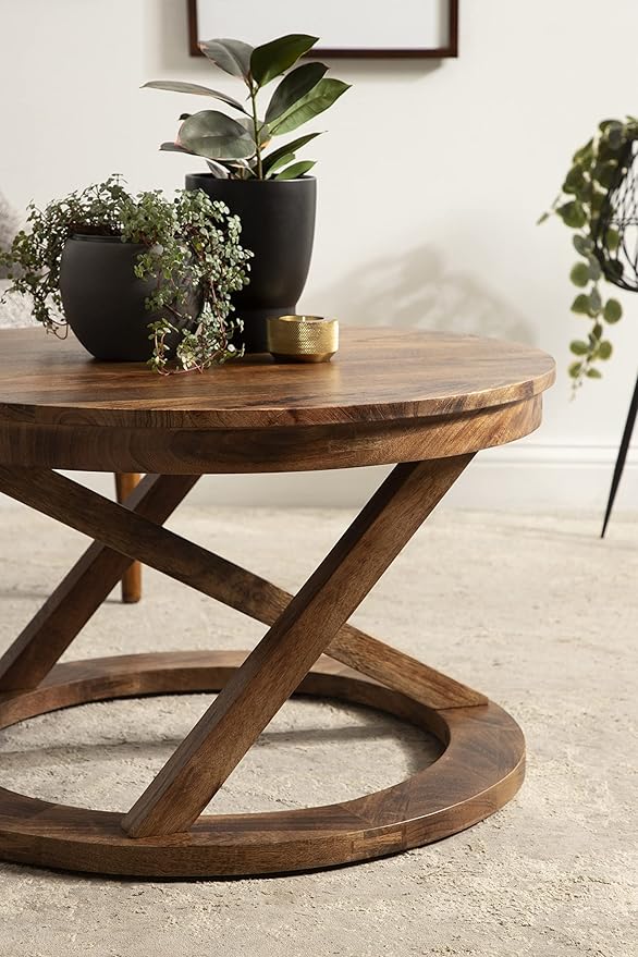 Kate and Laurel Aja Bohemian Round Wood Coffee Table; 26 inch Diameter; Walnut Brown; Decorative Boho Modern Coffee Table for Hosting; Storage; and Display
