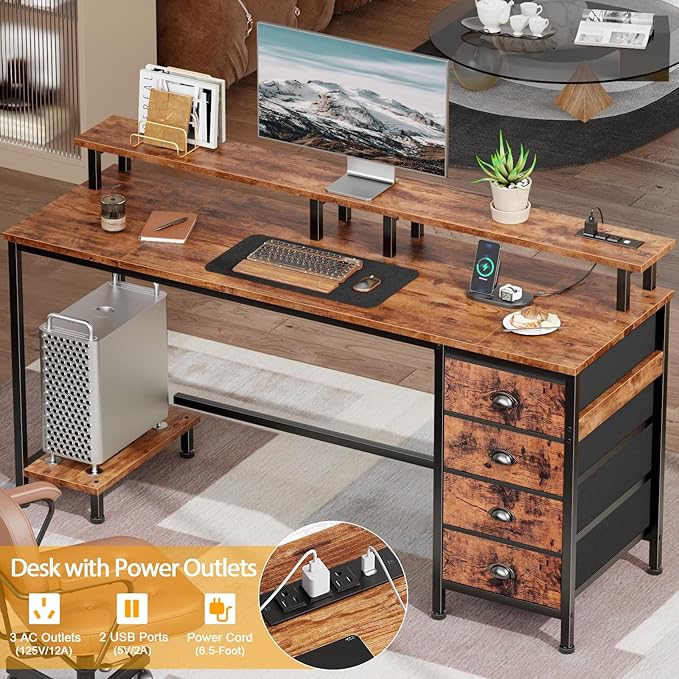 Furologee 55 Inch Computer Desk Gaming with 4 Fabric Drawers with Power Outlets and LED Lights for Home Office with Full Monitor Stand and Shelf Study Table for Small Spaces Rustic Brown
