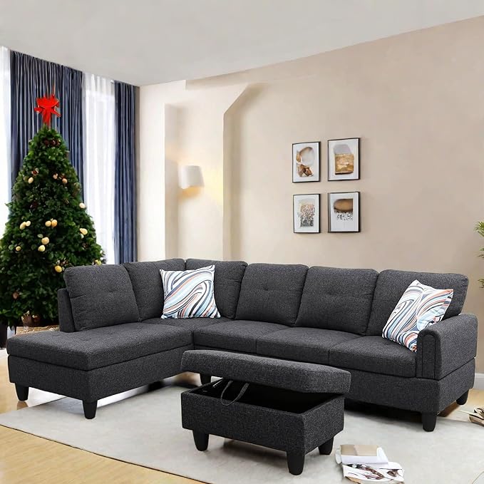 L Shaped Sectional Couch with Otttoman, 97" Sectional Sofa for Living Room Flannel Modular Couches with Cup Holders for Bedroom, Apartments, Black Grey