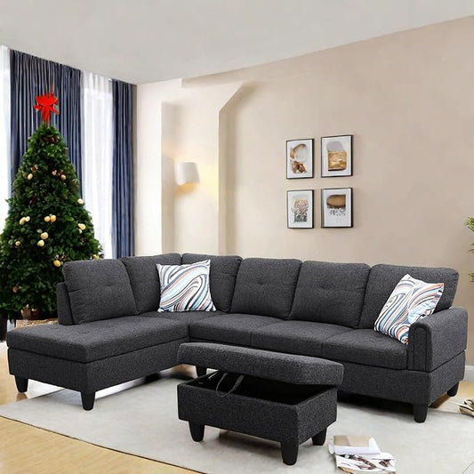 L Shaped Sectional Couch with Otttoman, 97" Sectional Sofa for Living Room Flannel Modular Couches with Cup Holders for Bedroom, Apartments, Black Grey