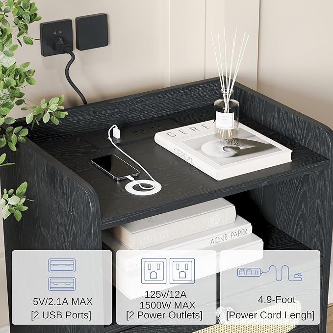 Diamond Décor End Table, Nightstand with Charging Station, Bedside Table with Solid Wood Legs, Black