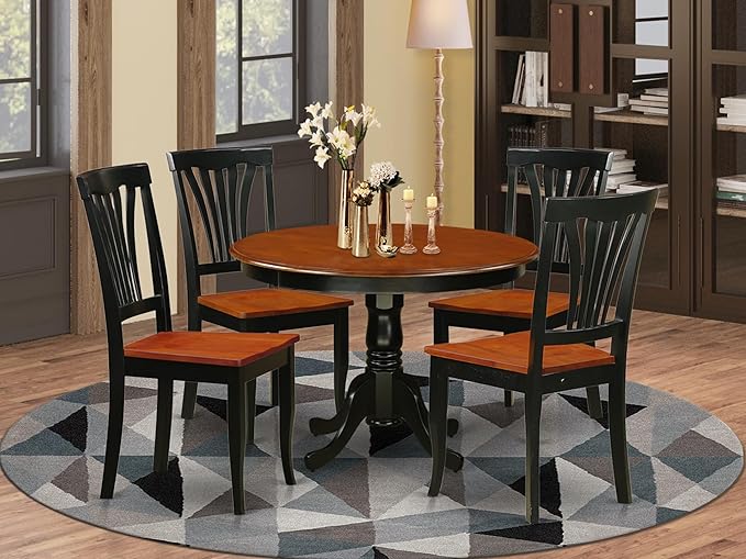 East West Furniture HLAV5-BCH-W 5 Piece Modern Dining Table Set Includes a Round Wooden Table with Pedestal and 4 Kitchen Dining Chairs, 42x42 Inch, Black & Cherry