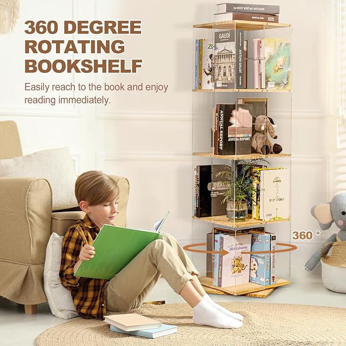 Rotating Bookshelf, 360 Degree Revolving Bookcase, 4-Tier Spinning Bookshelf, Clear Acrylic & Solid Wood Rotating Bookcase for Kid’s Playroom, Bedroom and Living Room, Square