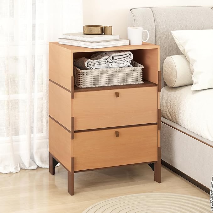 Sebastack End Table, Customizable 3 Drawers Bedside Table, Night Stand, Side Table for Bedroom, Dormitory, Mid-Century Style Wood Chest of Furnitures, 27.8 inch Tall