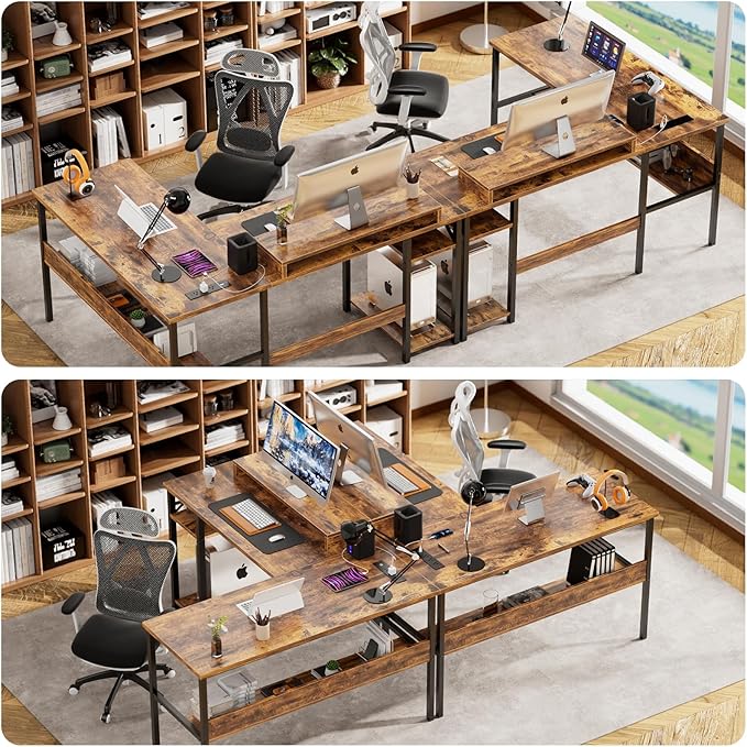 Unikito L Shaped Computer Desk with Magic Power Outlets and Smart LED Light, Sturdy Reversible Corner Desk with Monitor Stand & Storage Shelves, Home Office Work Desk, Easy to Assemble, Rustic