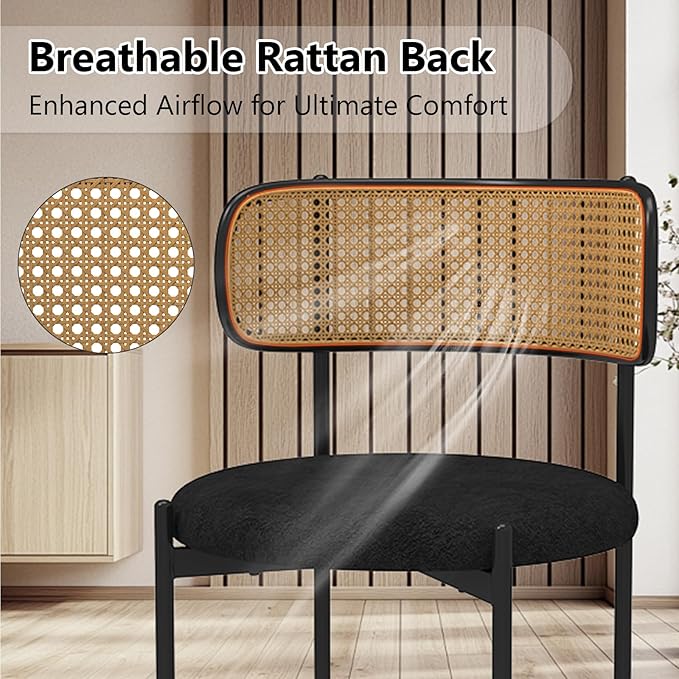 Mid Century Modern Dining Chairs Set of 4 with Rattan Backrest,Velvet Upholstered Accent Kitchen & Dining Room Chairs with Sturdy Metal Frame,Black