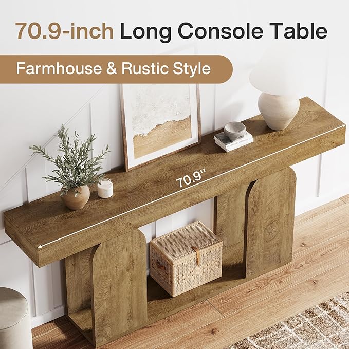Tribesigns 70.9-Inch Extra Long Sofa Table, Farmhouse Console Tables with Wood Frame and Storage Shelf, 2-Tier Wood Table Behind Couch for Living Room, Hallway, Foyer, Light Brown