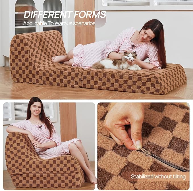 Bean Bag Chair for Adults, Folding Sofa Bed, Convertible Sleeper Lounge Chair, Full Foam Filling Comfy Floor Sofa, Folding Chair Bed for Living Room、Bedroom and Office (Brown)