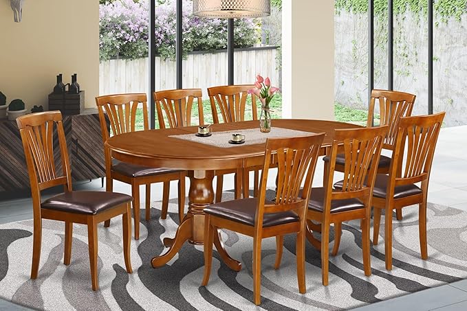 East West Furniture PLAV9-SBR-LC 9 Piece Dining Room Table Set Includes an Oval Kitchen Table with Butterfly Leaf and 8 Faux Leather Upholstered Dining Chairs, 42x78 Inch, Saddle Brown