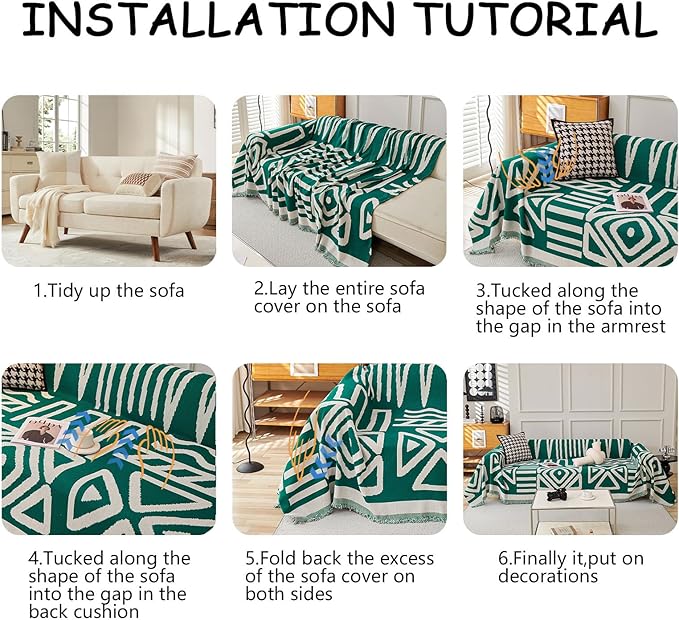 HANDONTIME Couch Cover Boho Sofa Covers Washable Forest Green Dog Covers for Couches Reversible Couch Blanket Cover Geometric L Shaped Couch Covers for 2 3 Couch Cushion Cover Dark Green, 71" X102"