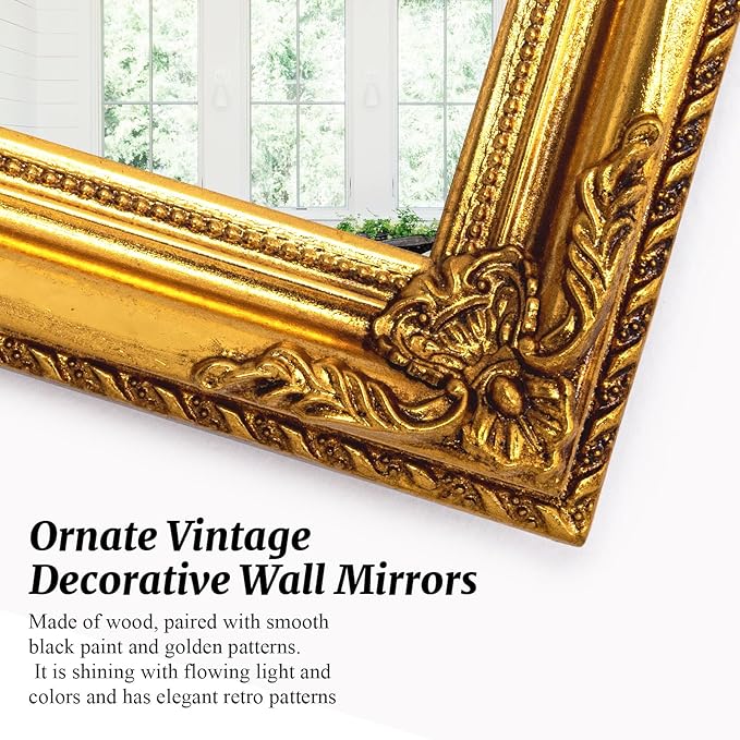 35" x 23" Large Antique Mirror, Gold Vintage Wall Mirror with Baroque Wood Frame for Elegant Victorian Living Room, Ornate Entryway Over Console
