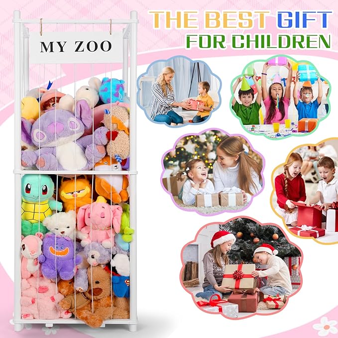 Stuffed Animal Storage Zoo, Wooden Stuffed Animal Organizer with Elastic Cords for Boys Girls, Space Saving Toy Plushies Storage Holder for Playroom, Bedroom, Living Room (White, Large)