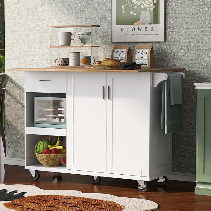 49" Foldable Kitchen Island Cart, White with Slide-Out Shelf, Towel Rack & Drawer, Rolling on Wheels, for Living & Dining Rooms