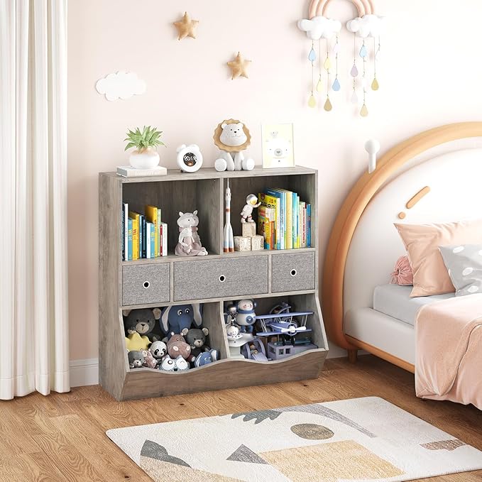 IDEALHOUSE 7-Cubby Large Kids Toy Storage Organizer, Children Wood Bookcase and Bookshelf, 3-Tier Toy Storage Cabinet with 3 Drawers for Hallway, Playroom, Living Room, School,Gray