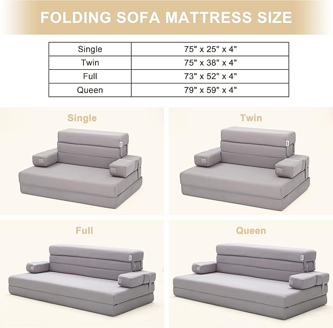 Sleep 4 Inch Foldable Mattress, Portable Floor Mattress Couch with Headrest, Washable Cover, Foldable Foam Couch Queen for Guest Bed, Folding Sofa Bed, Camping, Road Trip, Dark Grey
