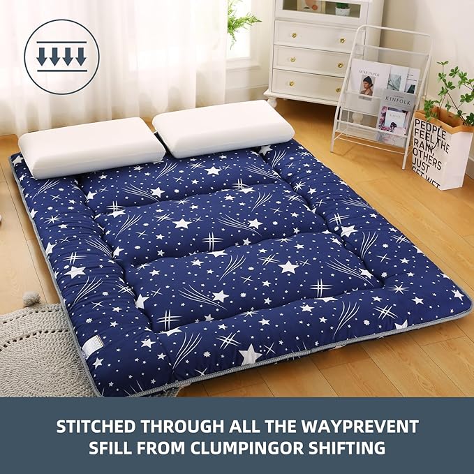 Bohemian Retro Japanese Floor Mattress, Vintage Floral Tatami Floor Mat, Portable Roll up Futon Mattress for Guest,Tavel (Starry,Queen80 X 60")