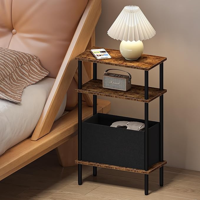 Narrow Side Table with Fabric Basket, End Table for Small Spaces, Slim Nightstand with 3-Tier Storage Shelf, Sofa Beside Table, for Living Room, Bed Room, Rustic Brown