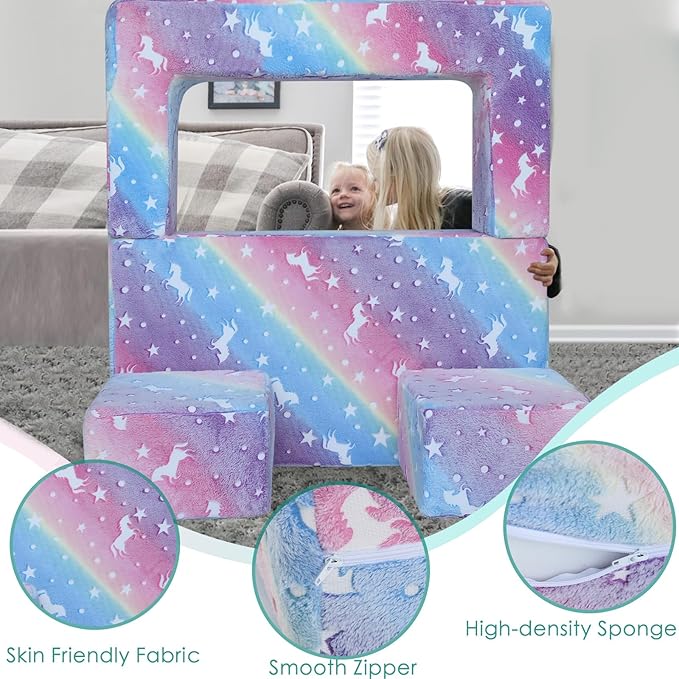 MeMoreCool Glow in The Dark Kids Couch, Rainbow Fold Out Toddler Sofa, Modular Play Couch for Bedroom and Playroom, Baby Sofa Kids Furniture