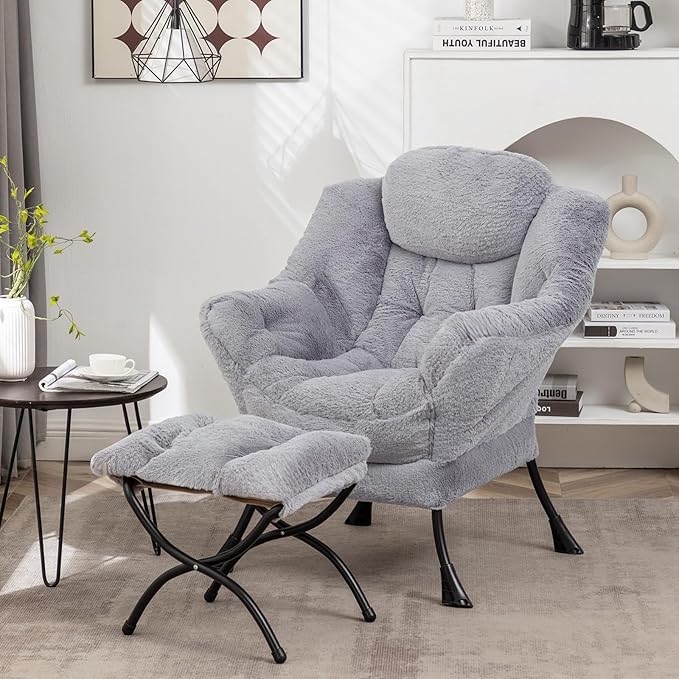 Lazy Chair with Ottoman, Modern Accent Lounge Leisure Sofa with Armrests, Reading Chair and Folding Footstool for Living Room, Bedroom, Office, Plush Grey