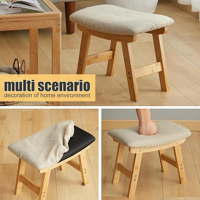 Foot Stool Ottoman Foot Rest Under Desk,Small Stool for Living Room, Bedroom and Kitchen (Natural Legs - Beige Stool Surface)