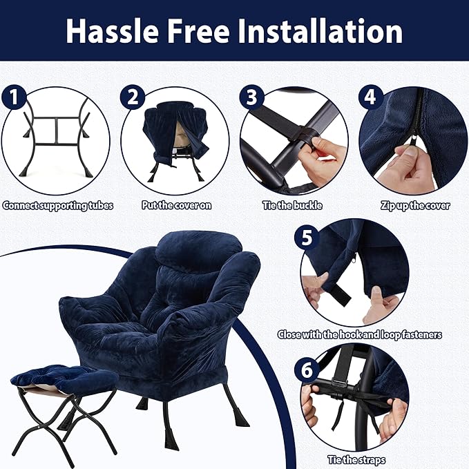 Lazy Chair with Folding Ottoman, Accent Chair Plush Upholstered with Metal Structure and Non-Slip Pads, Sofa Armchair with Footrest and Side Storage Bag for Dorm, Room, Office, Navy Blue