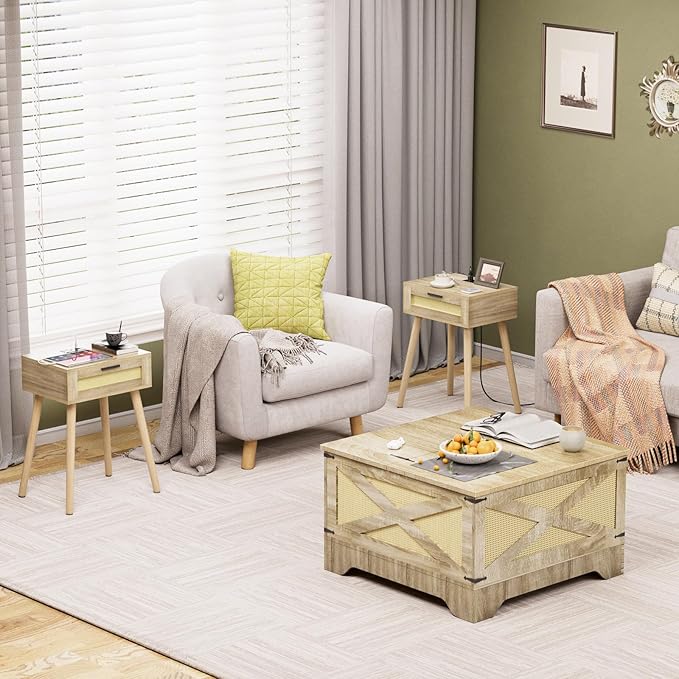 HAIOOU Nightstand with Charging Station Rattan Drawer, Mid Century Modern Side Table, End Beside Table with Pine Wood Legs Storage for Bedroom Living Room