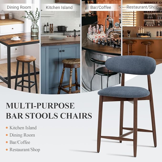 Upholstered Counter Height Bar Stools Set of 2, Modern Kitchen Island Barstools Chairs with Back and Wood Legs for Dining Room Bar, Blue