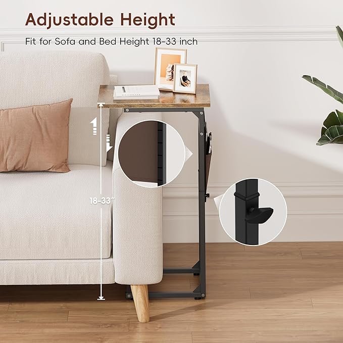 Vagusicc C Shaped End Table, 33"Tall Side Table for Couch, Adjustable Height Sofa Table Small Couch Side Tables, Slide Under Recliner TV Tray Arm Tables with Metal Frame for Living Room,Bedroom,Brown