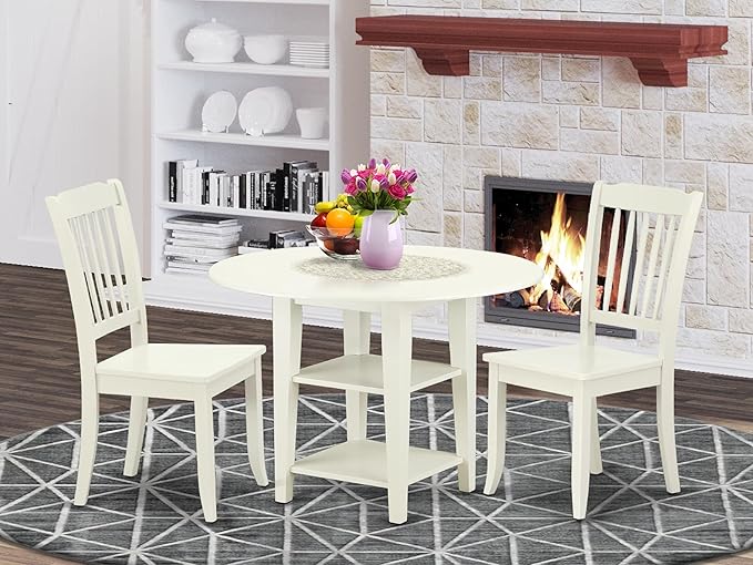 East West Furniture SUDA3-LWH-W 3 Piece Dining Room Table Set Contains a Round Dining Table with Dropleaf & Shelves and 2 Wood Seat Chairs, 42x42 Inch, Linen White