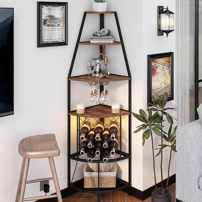 5-Tier Corner Wine Rack with LED Light Floor Standing Wine Rack with Glass Holder and Bottles Wine Storage Home Bar Furniture for Kitchen Living Dining Room (Rustic Brown)