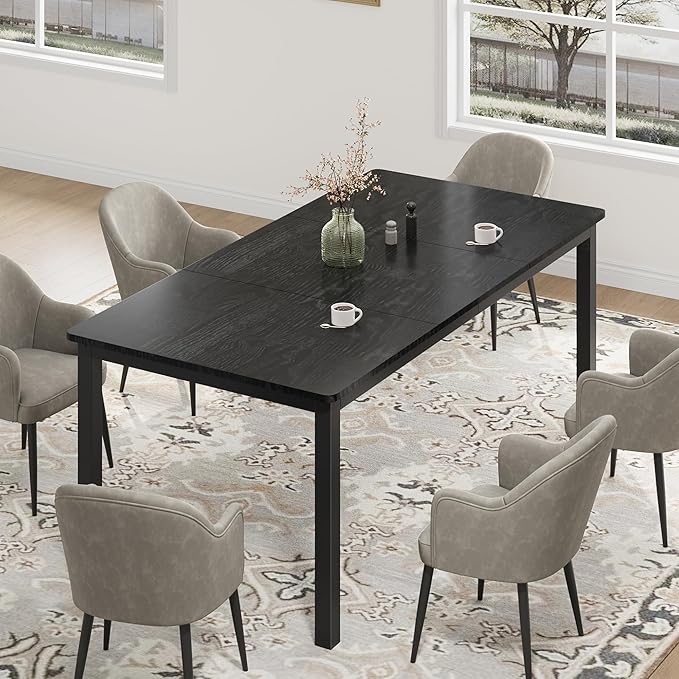 GarveeHome 70.8in Industrial Dining Table for 6, Wooden Long Dinner Table with Mortise Tenon Design, Kitchen Table with Sturdy Metal Legs, for Dining Room Home Office Living Room, Black