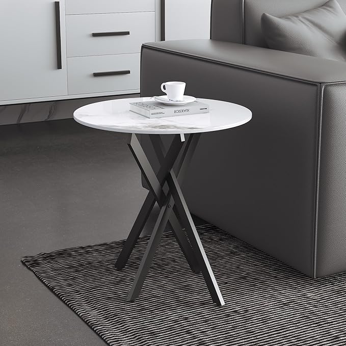 Small Round Marble Side Coffee Table Set of 2 with Metal Legs, Sintered Stone White Modern End Table for Living Room Sofa Home Bed Office (2 Pieces, 20"×20"×18")