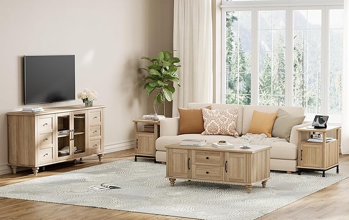 WAMPAT Oak End Table with Charging Station, Sofa Side Table with Storage Cabinet for Living Room, Light Wood Bedside Table with Metal Leg, Farmhouse Nightstand for Bedroom