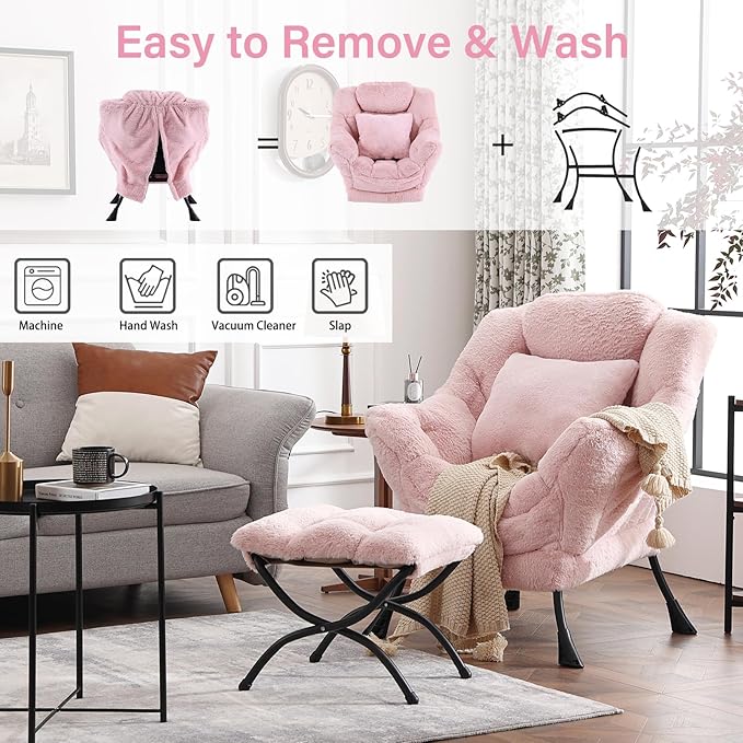 Large Lazy Chair with Ottoman, Accent Reading Chair with a Throw Pillow, Cozy Lounge Chair with Armrest, Leisure Sofa Chair for Living Room, Bedroom, Dorm, Plush Pink