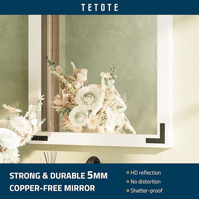 TETOTE 24 x 32 White Wood Mirror for Bathroom Wall/Bedroom/Living Room/Entryway Farmhouse Rustic Wall Mirror for Over Sink Waterproof (Horizontal/Vertical Mounted)