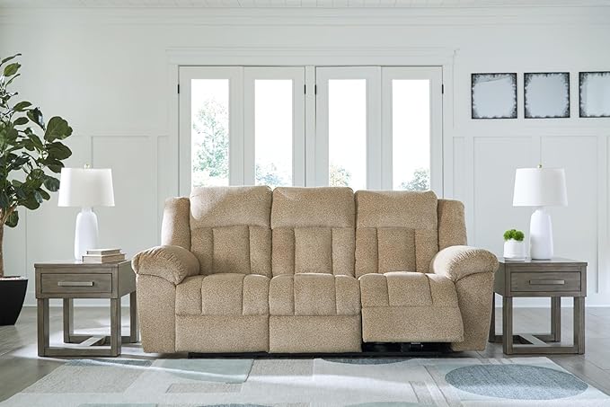 Signature Design by Ashley Tip-Off Classic Wall Hugger Power Reclining Sofa with Adjustable Headrest and USB Ports, Light Brown