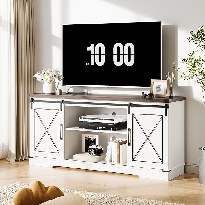 GarveeHome Farmhouse TV Stand for TV up to 65 Inches and Entertainment Center with Sliding Barn Doors, Tv Media Console Table with Storage Cabinet for Living Room, Bedroom, White & Brown
